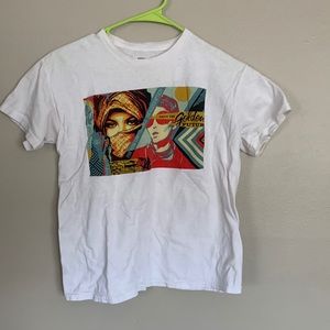 white graphic tee shirt